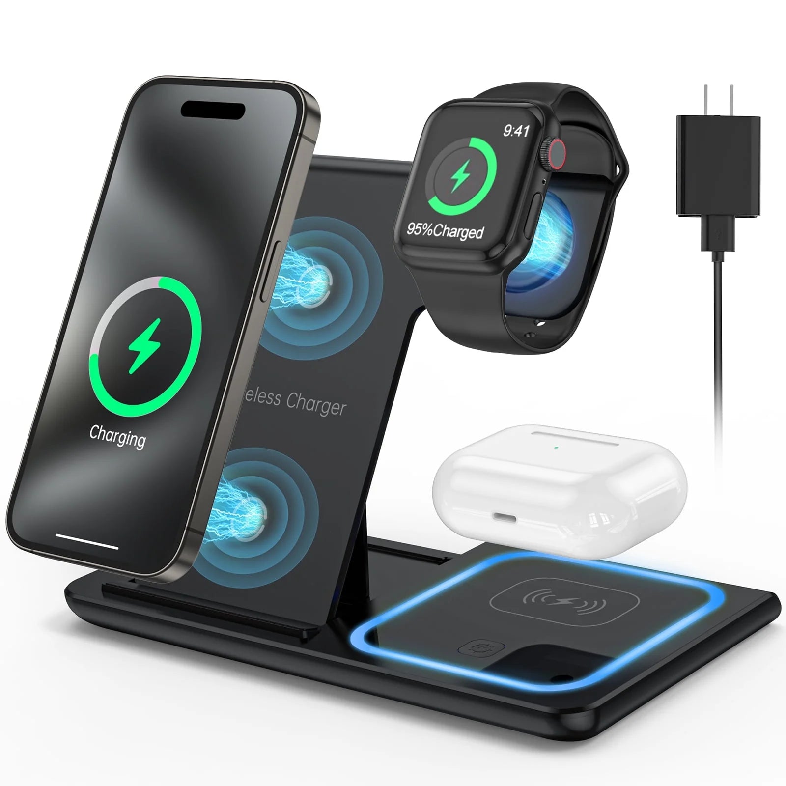 3 in 1 Wireless Charger, 18W Fast Charger Pad Stand Charging Station Dock for Iwatch Series SE 8/7/6/5/4/3 Airpods Pro/3/2 for Iphone 15/14/13/12 /11/Pro Max/12 Mini /XR (With QC3.0 Adapter)