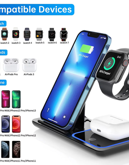 Load image into Gallery viewer, 3 in 1 Wireless Charger, 18W Fast Charger Pad Stand Charging Station Dock for Iwatch Series SE 8/7/6/5/4/3 Airpods Pro/3/2 for Iphone 15/14/13/12 /11/Pro Max/12 Mini /XR (With QC3.0 Adapter)
