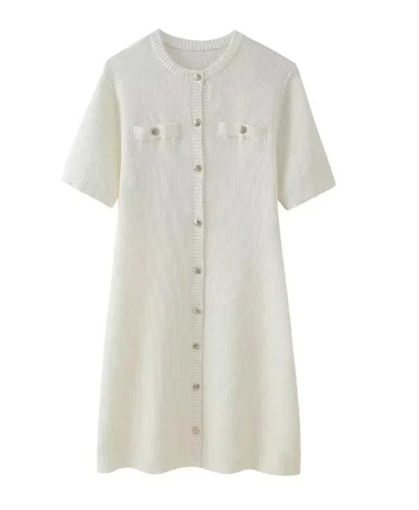 Classic Round Neck Button-Accent Dress